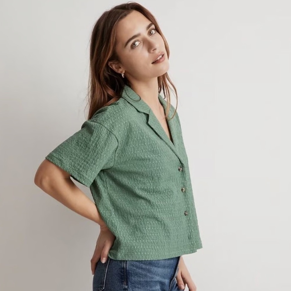 Madewell | Crinkle-Knit Button-Front Top | Aloe Green | Cropped | size S